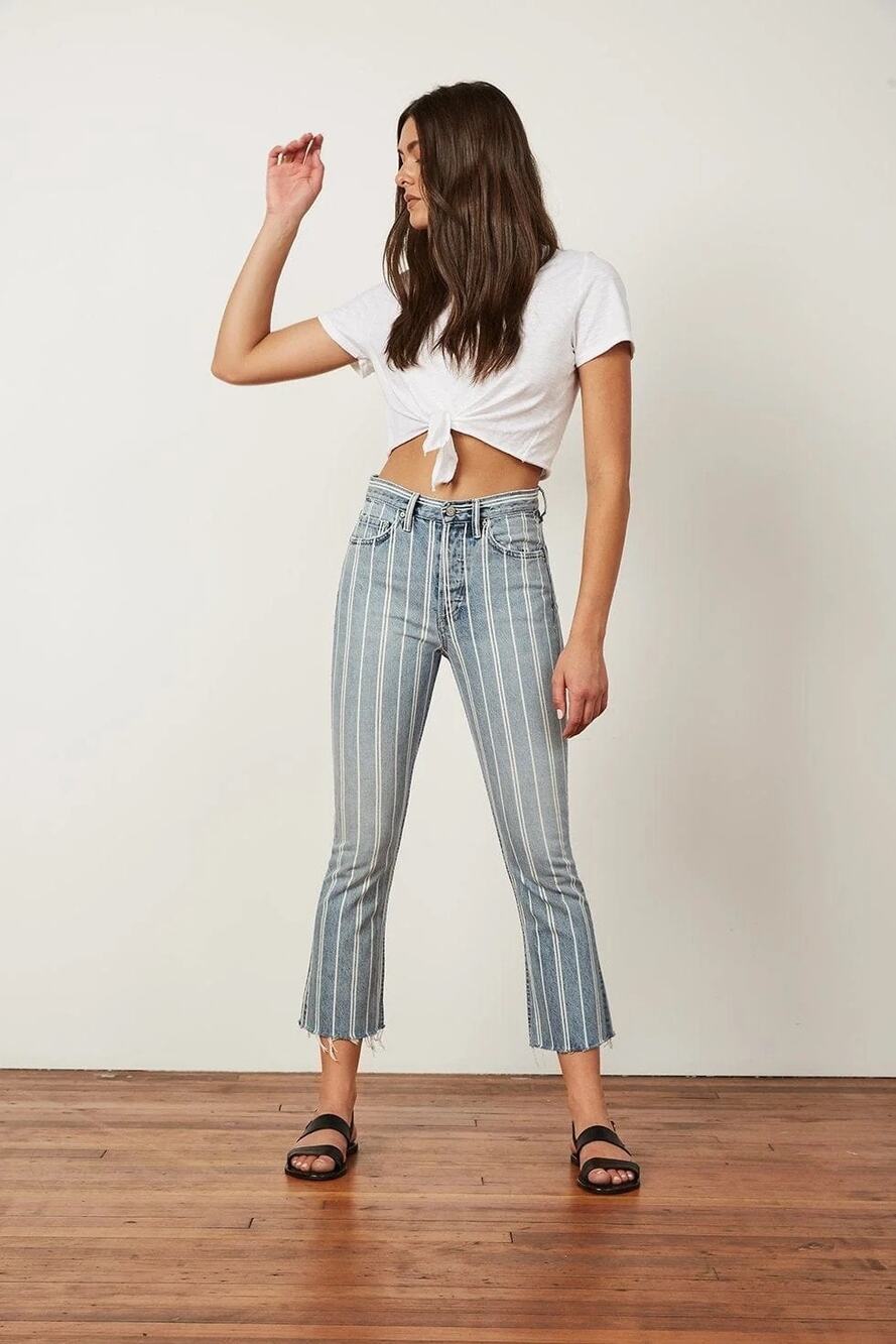 Boyish Darcy Railroad Stripe Jeans High Rise Cropped Raw Hem Size 26